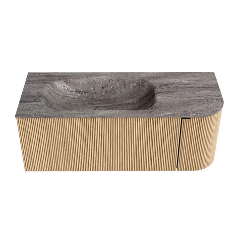 MONDIAZ KURVE-DLUX Meuble de salle de bains 115cm arrondi à droite couleur Chêne avec 1 tiroir et 1 porte. Lavabo BIG SMALL gauche sans trou de robinet Oza. SW1432624