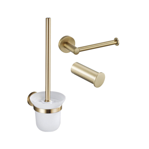 Fortifura Calvi Toiletset 3-delig - toiletrolhouder - zonder klep - toiletborstel - handdoekhaak enkel rond - PVD - geborsteld messing (goud) SW1248388