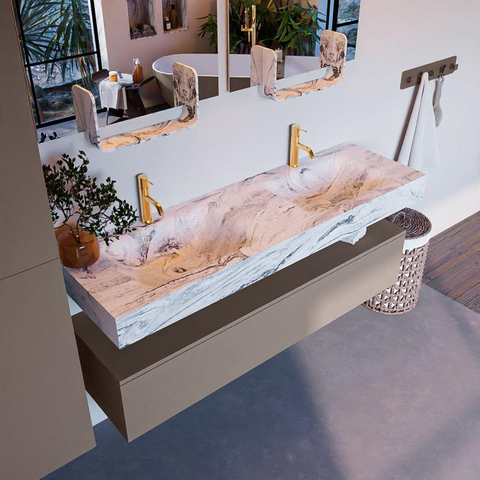 Mondiaz ALAN-DLUX Ensemble de meuble - 150cm - meuble Smoke mat - 1 tiroir - Lavabo Cloud Glace suspendu - vasque Gauche et droite - 2 trous de robinet SW805798