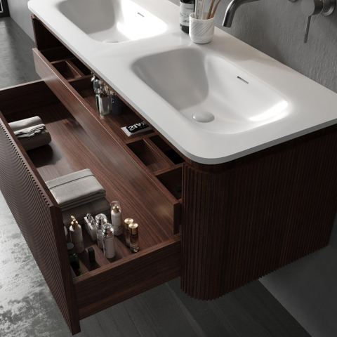 Royal Plaza Terra Edge Ensemble meuble de salle de bains - 120x45.5x46cm - vasque en céramique blanc brillant - 2 vasques - sans trous de robinet - 2 tiroirs - châtaignier (noyer) SW1471939