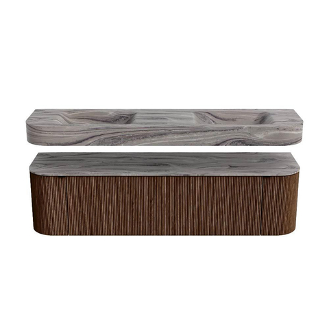 MONDIAZ THOR-DLUX 170cm badmeubel ronding links + rechts kleur Walnut met 1 lade en 2 deuren. Vrijhangende wastafel CLOUD Dubbel 2 kraangaten kleur Sombra. SW1465867