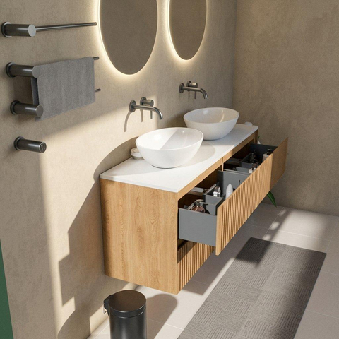 Saniclass Holz Atelier Badkamermeubelset - 140x45x62.5cm - Torino solid surface topblad wit - zonder kraangat - 4 lades - mat eiken natural (hout) SW1478718