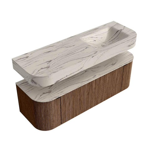 MONDIAZ THOR-DLUX 140cm meuble de salle de bains arrondi gauche + droite couleur Walnut avec 1 tiroir et 2 portes. Vasque suspendue CLOUD droite sans trou de robinet couleur Nata. SW1464473