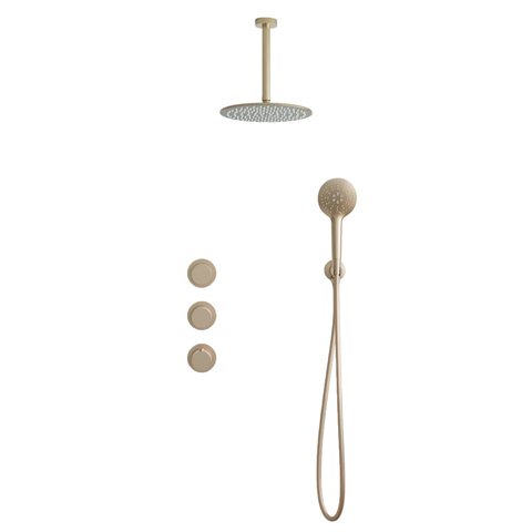 Fortifura Nebbio Regendoucheset - inbouwkraan - inbouwdeel - wandaansluitbocht - doucheslang glad - ronde handdouche - 20cm plafondarm - 30cm - hoofddouche - PVD - geborsteld messing (goud) SW1447122