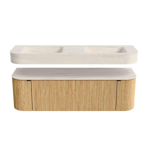 MONDIAZ THOR-DLUX 150cm meuble de salle de bains arrondi gauche + droite couleur Oak avec 1 tiroir et 2 portes. Vasque suspendue CLOUD Double sans trou de robinet couleur Meli. SW1464762
