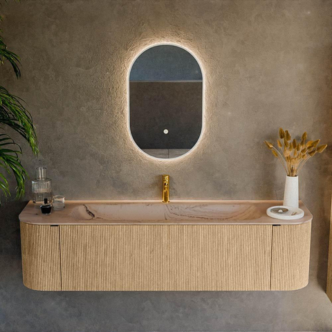 MONDIAZ KURVE-DLUX Meuble de salle de bains 170cm arrondi Gauche + Droite couleur Chêne avec 1 tiroir et 2 portes. Lavabo BIG LARGE Central 1 trou de robinet Arena. SW1431131