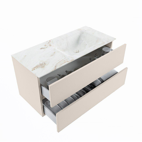 VICA-DLUX meuble sous lavabo 100cm Linen 2 tiroirs. Lavabo encastré CLOUD à droite 1 trou de robinet, couleur Frappe. SW902528