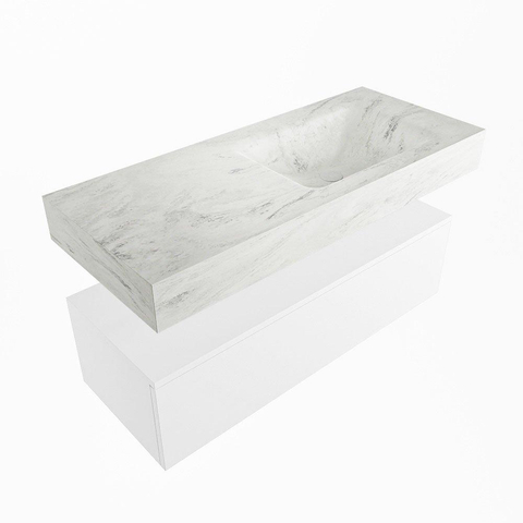 Mondiaz ALAN-DLUX Ensemble de meuble - 110cm - meuble Talc mat - 1 tiroir - Lavabo Cloud Opalo suspendu - vasque Droite - 1 trou de robinet SW806371