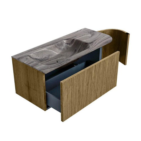 MONDIAZ KURVE-DLUX 105cm badmeubel ronding Rechts kleur Dusk met 1 lade en 1 deur. Wastafel BIG SMALL Links 1 kraangat Sombra. SW1433849