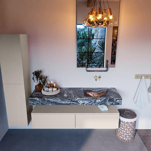 Mondiaz ALAN-DLUX Ensemble de meuble - 150cm - meuble Linen mat - 2 tiroirs - Lavabo Cloud Lava suspendu - vasque Droite - 0 trous de robinet SW808411