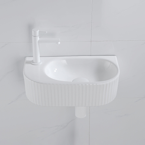 QeramiQ Fuente pack lave-mains – 40 x 21,5 x 12 cm – céramique blanc brillant – robinet blanc mat – cannelé SW1233006