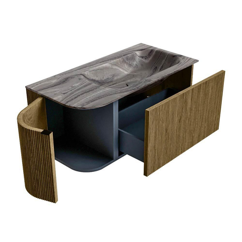 MONDIAZ KURVE-DLUX Meuble de salle de bains 95cm arrondi à gauche couleur Dusk avec 1 tiroir et 1 porte. Lavabo BIG SMALL à droite sans trou de robinet Sombra. SW1433831
