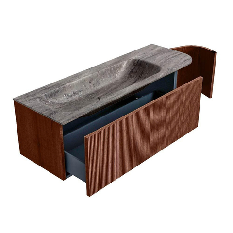 MONDIAZ KURVE-DLUX Meuble de salle de bains 135 cm arrondi à droite couleur Ruby avec 1 tiroir et 1 porte. Lavabo BIG MEDIUM à gauche 1 trou de robinet Oza. SW1432806