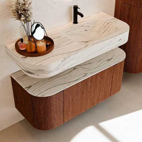 MONDIAZ THOR-DLUX Meuble de salle de bains 110cm arrondi gauche + droite couleur Ruby avec 1 tiroir et 2 portes. Vasque suspendue CLOUD Droite 1 trou de robinet couleur Nata. SW1462948
