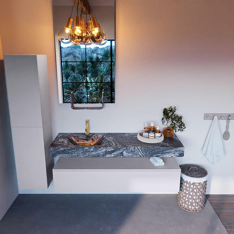 Mondiaz ALAN-DLUX Ensemble de meuble - 150cm - meuble Cale mat - 1 tiroir - Lavabo Cloud Lava suspendu - vasque Gauche - 1 trou de robinet SW808225