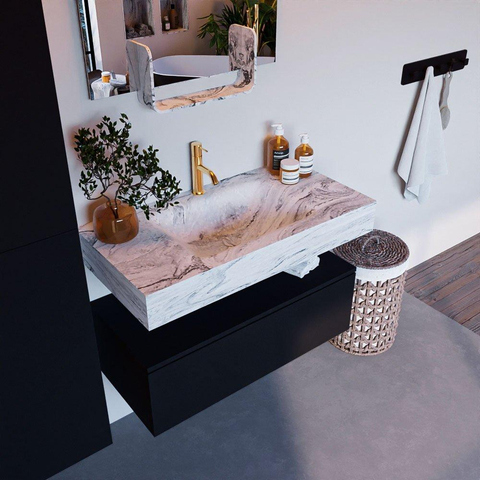 Mondiaz ALAN-DLUX Ensemble de meuble - 90cm - meuble Urban mat - 1 tiroir - Lavabo Cloud Glace suspendu - vasque Centre - 1 trou de robinet SW804803