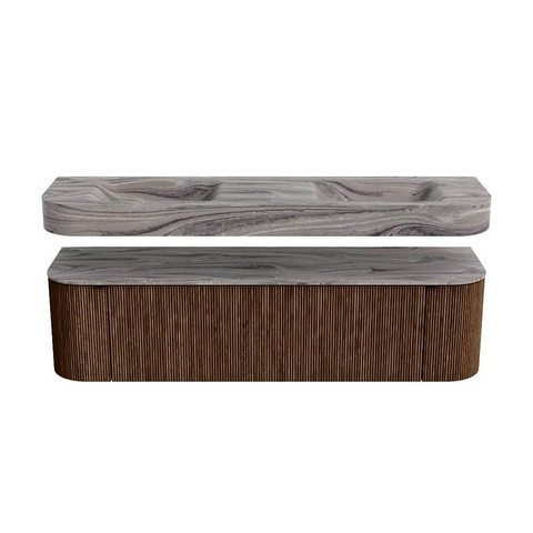 MONDIAZ THOR-DLUX 170cm badmeubel ronding links + rechts kleur Walnut met 1 lade en 2 deuren. Vrijhangende wastafel CLOUD Dubbel zonder kraangat kleur Sombra. SW1465870