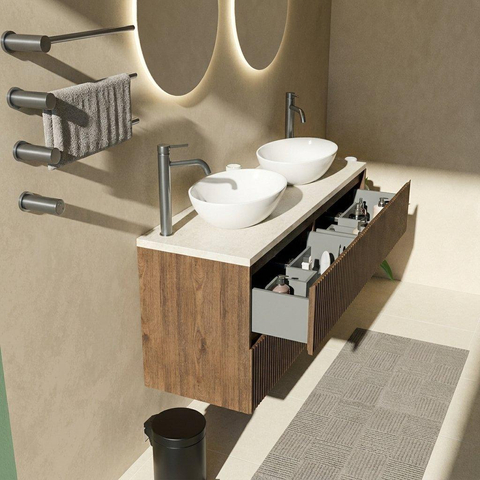 Saniclass Holz Atelier Badkamermeubelset - 140x45x63cm - Travertine natuurstenen topblad - 2 kraangaten - 4 lades - mat eiken charcoal (hout) SW1478896