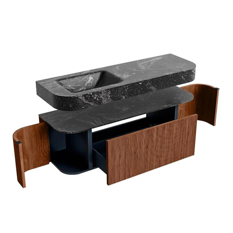 MONDIAZ THOR-DLUX 140cm meuble de salle de bains arrondi gauche + droite couleur Ruby avec 1 tiroir et 2 portes. Vasque suspendue CLOUD Gauche 1 trou de robinet couleur Lava. SW1464231