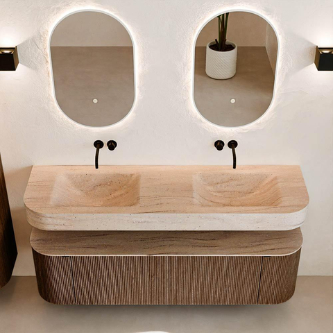 MONDIAZ THOR-DLUX 160cm meuble de salle de bains arrondi gauche + droite couleur Walnut avec 1 tiroir et 2 portes. Vasque suspendue CLOUD Double sans trou de robinet couleur Saba. SW1465328