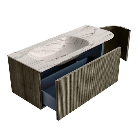 MONDIAZ KURVE-DLUX 115cm badmeubel ronding Rechts kleur Shadow met 1 lade en 1 deur. Wastafel BIG SMALL Links 1 kraangat Nata. SW1432284
