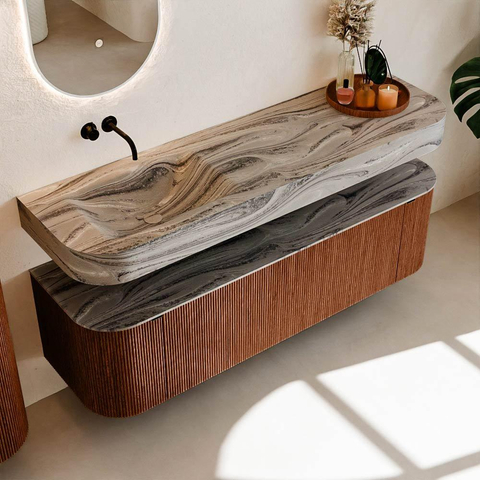 MONDIAZ THOR-DLUX 160cm meuble de salle de bains arrondi gauche + droite couleur Ruby avec 1 tiroir et 2 portes. Vasque suspendue CLOUD gauche sans trou de robinet couleur Sombra. SW1465386