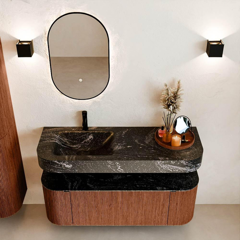 MONDIAZ THOR-DLUX 130cm meuble de salle de bains arrondi gauche + droite couleur Ruby avec 1 tiroir et 2 portes. Vasque suspendue CLOUD Gauche 1 trou de robinet couleur Lava. SW1463711
