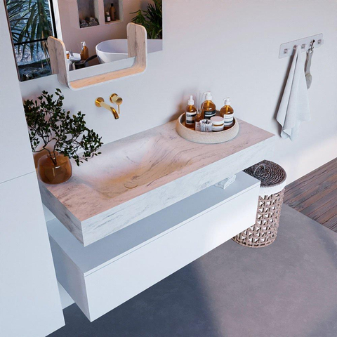 Mondiaz ALAN-DLUX Ensemble de meuble - 110cm - meuble Talc mat - 1 tiroir - Lavabo Cloud Opalo suspendu - vasque Gauche - 0 trous de robinet SW806556