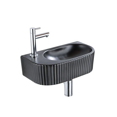 QeramiQ Fuente fonteinset – halfrond – 40x21.5x12 cm – keramiek zwart mat – chromen kraan – geribbeld SW1232878