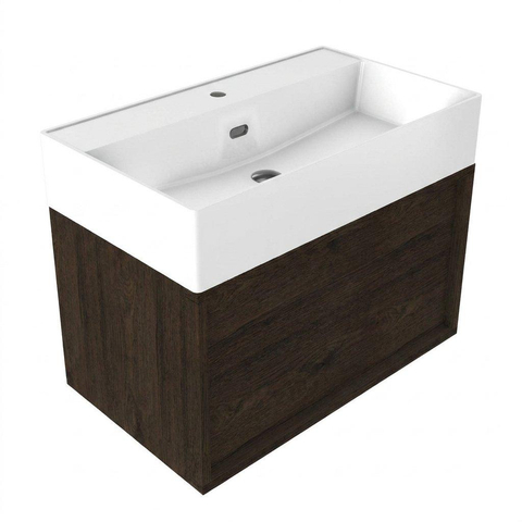 Saniclass Holz Frame Ensemble meuble de salle de bains - 80x45x52cm - Legend lavabo en céramique blanc - 1 vasque - 1 trou de robinetterie - 1 tiroir - chêne charcoal mat (bois) SW1478476