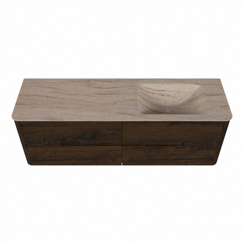 Mondiaz CIRO-DLUX Meuble de salle de bains - 150x45x50cm - Plan vasque Solid surface Saba - 1 lavabo à droite - sans trous de robinetterie - 4 tiroirs - Noyer SW1530704