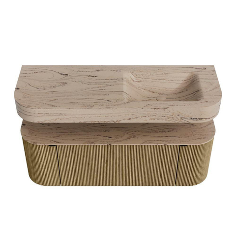 MONDIAZ THOR-DLUX 130cm meuble de salle de bains arrondi gauche + droite couleur Dusk avec 1 tiroir et 2 portes. Vasque suspendue CLOUD Droite sans trou de robinet couleur Arena. SW1463792