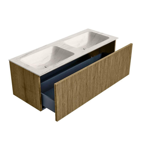 MONDIAZ KURVE-DLUX Meuble de salle de bains 120cm couleur Dusk avec 1 tiroir et 0 porte. Lavabo LEAF Double 2 trous de robinet Meli. SW1431911