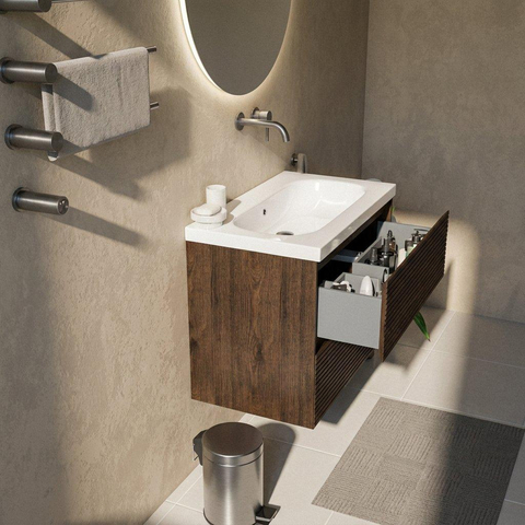 Saniclass Holz Atelier Ensemble de meubles de salle de bains - 80x45x63.5cm - lavabo en céramique Palermo blanc - 1 vasque - sans trou de robinetterie - 2 tiroirs - chêne charcoal mat (bois) SW1478588