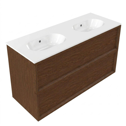 Saniclass Holz Frame Ensemble de meubles de salle de bains - 120x45x74cm - lavabo Chaci en céramique blanc - 2 vasques - sans trous de robinetterie - 2 tiroirs - walnut pure mat (bois) SW1579943