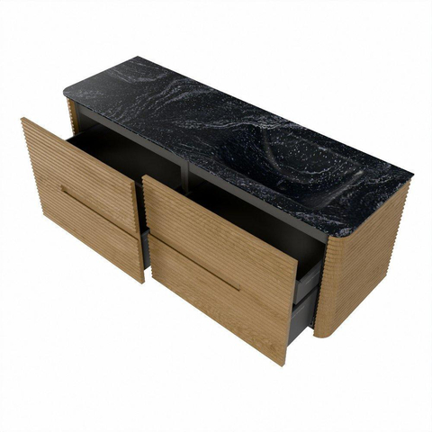 Mondiaz CIRO-DLUX Meuble de salle de bains - 140x45x50cm - Plan vasque solid surface Lava - 1 lavabo à droite - sans trous de robinetterie - 4 tiroirs - Chêne SW1531015