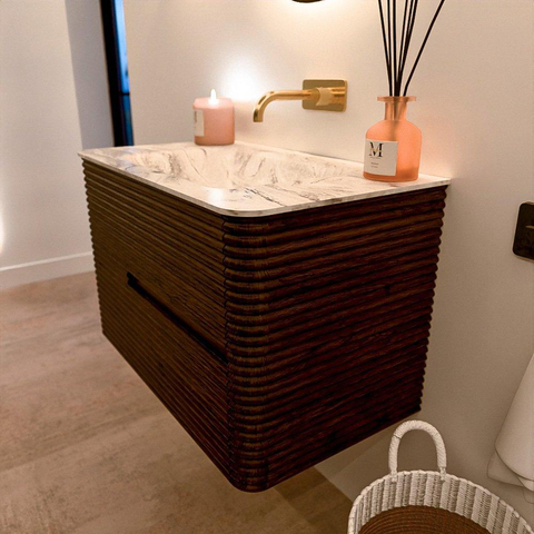 Mondiaz CIRO-DLUX Badkamermeubelset - 80x45x50cm - Solid surface wastafel Glace - 1 wasbak Midden - zonder kraangaten - 2 lades - Walnut SW1530218