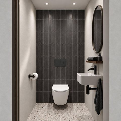 Adema Salina 2.0 Toiletset - 48.5x36x32cm - diepspoel - spoelrandloos - QeramiQ inbouwreservoir - softclose - quickrelease - toiletzitting - mat antraciet kunststof bedieningsplaat - rechthoekige knoppen - wit SW1474578