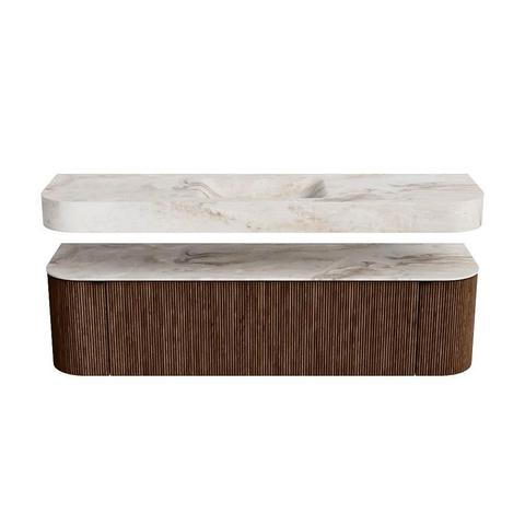 MONDIAZ THOR-DLUX 170cm badmeubel ronding links + rechts kleur Walnut met 1 lade en 2 deuren. Vrijhangende wastafel CLOUD Midden 1 kraangat kleur Frappe. SW1465566
