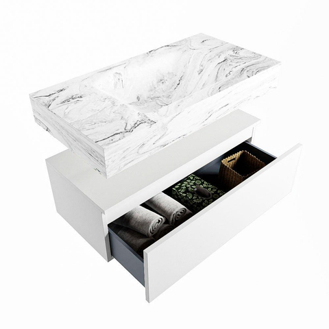 Mondiaz ALAN-DLUX Ensemble de meuble - 90cm - meuble Talc mat - 1 tiroir - Lavabo Cloud Glace suspendu - vasque Centre - 1 trou de robinet SW805015