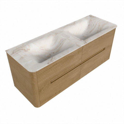 Mondiaz CIRO-DLUX Meuble de salle de bains - 130x45x50cm - Plan vasque solid surface Frappe - 2 vasques double - 2 trous de robinet - 4 tiroirs - Chêne SW1530872