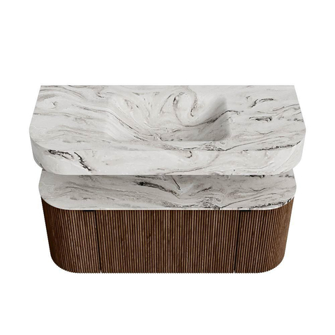 MONDIAZ THOR-DLUX Meuble de salle de bains - 110cm - arrondi gauche + droite - couleur Walnut - 1 tiroir et 2 portes - Vasque suspendue CLOUD Milieu 1 trou de robinet couleur Glace SW1462757