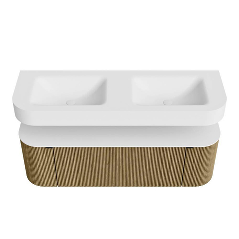 MONDIAZ THOR 140cm meuble de salle de bains arrondi gauche + droite couleur Dusk avec 1 tiroir et 2 portes. Vasque suspendue CLOUD Double sans trou de robinet couleur Talc. SW1464118