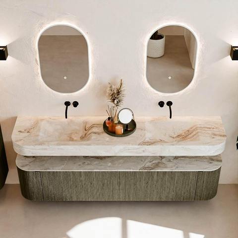 MONDIAZ THOR-DLUX 200cm meuble de salle de bains arrondi gauche + droite couleur Shadow avec 2 tiroirs et 2 portes. Vasque suspendue CLOUD Double sans trou de robinet couleur Frappe. SW1467019