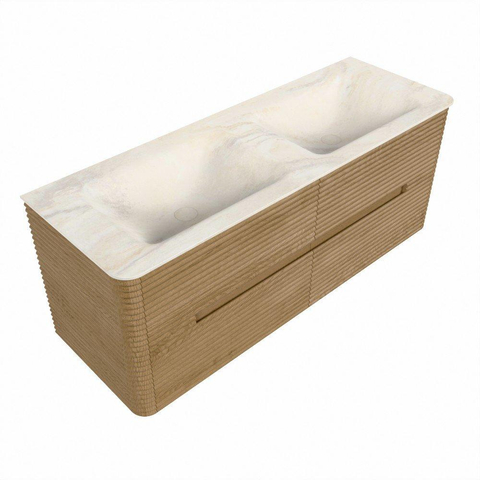 Mondiaz CIRO-DLUX Badkamermeubelset - 130x45x50cm - Solid surface wastafel Ostra - 2 wasbak Dubbel - 2 kraangaten - 4 lades - Oak SW1530934