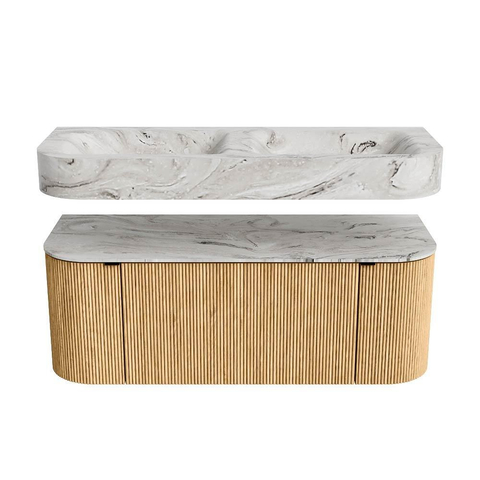 MONDIAZ THOR-DLUX Meuble de salle de bains 120cm arrondi gauche + droite couleur Oak avec 1 tiroir et 2 portes. Vasque suspendue CLOUD Double 2 trous de robinet couleur Glace. SW1463086