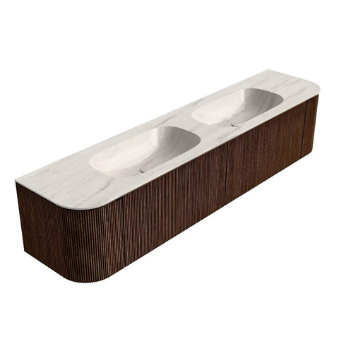 MONDIAZ KURVE-DLUX Meuble de salle de bains 200cm arrondi Gauche + Droite couleur Walnut avec 2 tiroirs et 2 portes. Lavabo STOR SMALL Double sans trou de robinet Meli. SW1431750