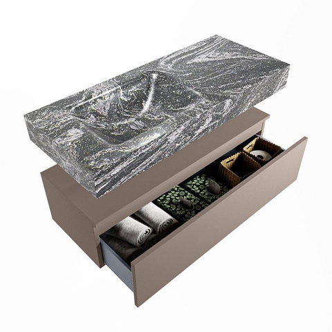 Mondiaz ALAN-DLUX Ensemble de meuble - 110cm - meuble Smoke mat - 1 tiroir - Lavabo Cloud Lava suspendu - vasque Gauche - 1 trou de robinet SW808363