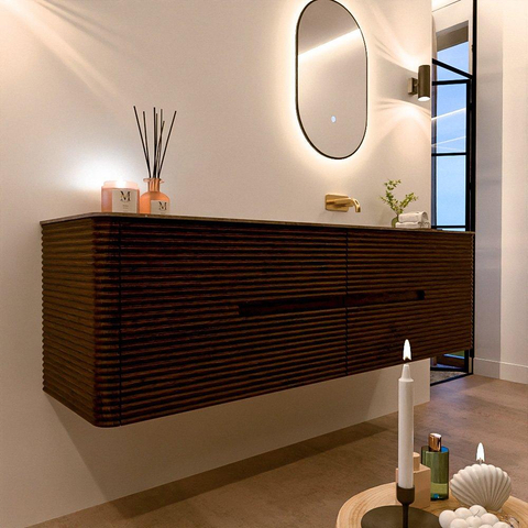 Mondiaz CIRO-DLUX Badkamermeubelset - 170x45x50cm - Solid surface wastafel Oza - 1 wasbak Rechts - zonder kraangaten - 4 lades - Walnut SW1530643