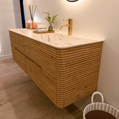 Mondiaz CIRO-DLUX Badkamermeubelset - 150x45x50cm - Solid surface wastafel Nata - 1 wasbak Rechts - 1 kraangat - 4 lades - Oak SW1531119